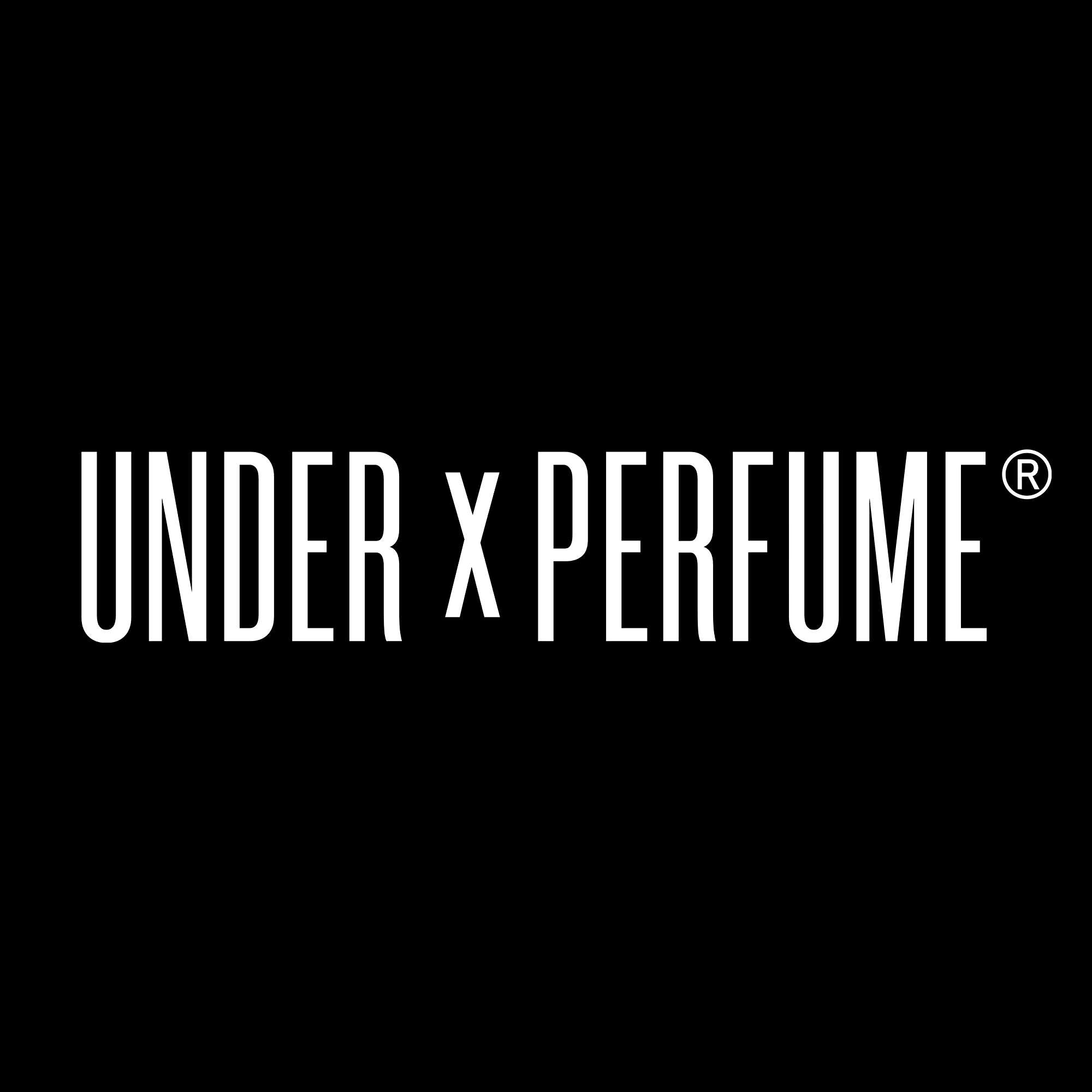 UNDER x PERFUME white logo on pure black background